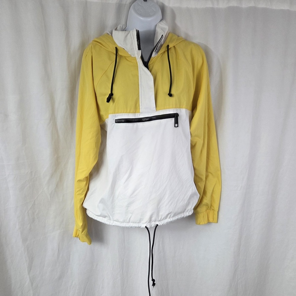 Hollister Jacket Womens Medium Yellow White Hooded 1/4 Zip Pullover Windbreaker